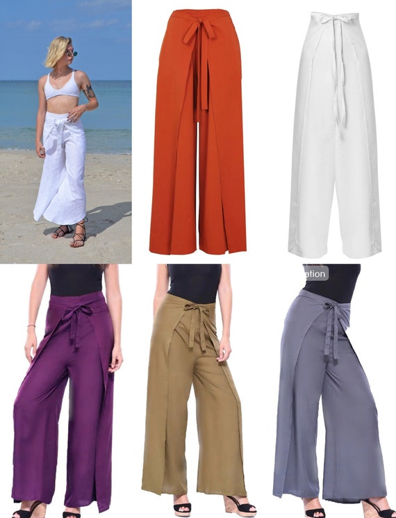 Solid Color Wrap Pants, Lightweight and Flowy Wrap Around Pants, Soft  Fabric Palazzo Pants, Women's Boho Pants Front and Back Ties 