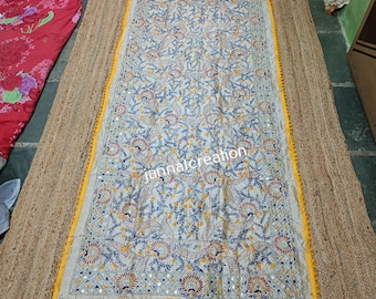 Chanderi Silk Phulkari Embroidered Dupatta For Women, Party Wear Dupatta, Pakistani Dupatta With Mirror Embellishments & Pom Poms Work
