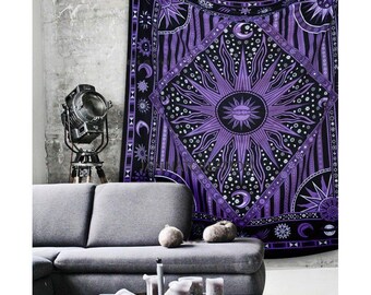 Arazzo Mandala Sole Luna: arazzo da parete in cotone indiano nero e viola