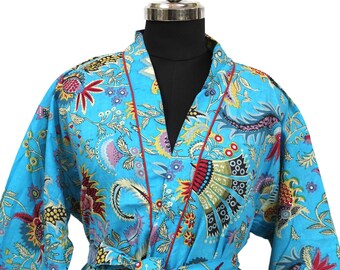 Floral Print Cotton Kimono Robe, Boho Beach Cover-Up