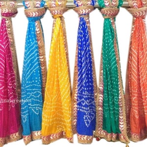 Bandhej Dupatta, Rajasthani Dupatta, Silk Bandhani Bandhej Women Heavy Dupatta With Gota Work & Latkan, Bandhani Scarf, Tie Dye Dupatta
