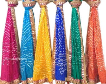 Bandhej Dupatta, Rajasthani Dupatta, Silk Bandhani Bandhej Women Heavy Dupatta With Gota Work & Latkan, Bandhani Scarf, Tie Dye Dupatta