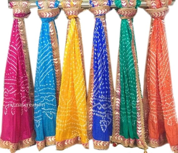 Silk Bandhani Dupatta, Rajasthani Gota Work Scarf