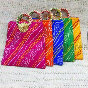 5 To 100 Piece&#39;s Lot Of Bandhani Printed Top Handle Bags, Bridesmaid Clutch Purse Bag, Wedding Favor Bags Wedding Return Gift For Guests