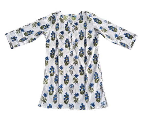 Floral Hand Block Printed Cotton Tunic Top: Summer Beach Kurti