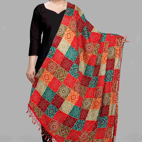 Indian Traditional Chinon Bandhani Dupatta, Wedding Dupatta For Women, Rajasthani Bandhej Dupatta, Bandhani Gathchola Dupatta, Women Scarves