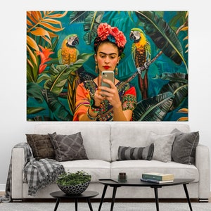 Frida Khalo Making Selfie Painting Canvas Print, Funny Frida Khalo Wall Art, Frida Khalo Poster, Funny Dorm Decor, Frida Khalo Print