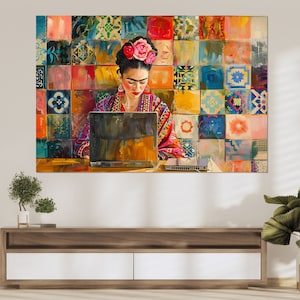 Frida Khalo with Laptop Painting Canvas Print, Funny Frida Khalo Wall Art, Frida Khalo Poster, Funny Dorm Decor, Frida Khalo Print