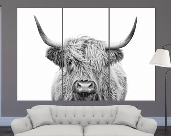Highland Cow Black & White Canvas Print, Modern Wall Art, Scotland Cow Print, Highland Cow Wall Art