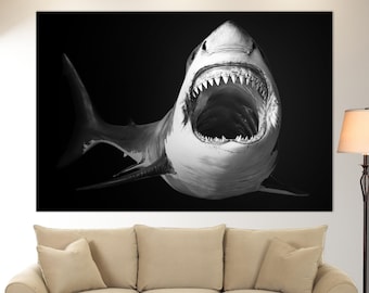 Shark Canvas Print, Sharks Wall Art, Shark Print, Black And White Shark Canvas Art