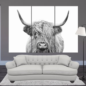 Highland Cow Black & White Canvas Print, Modern Wall Art, Scotland Cow Print, Highland Cow Wall Art