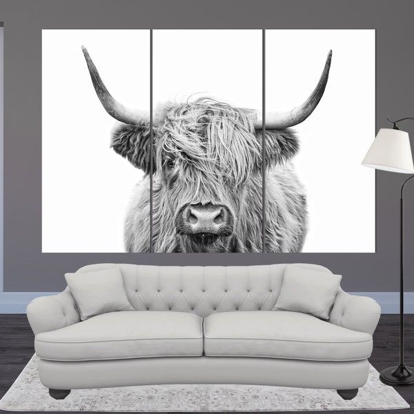 Vache des Highlands, Impression sur toile noire et blanche, Peinture murale moderne, Impression de vache d’Écosse, Peinture murale de vache des Highlands