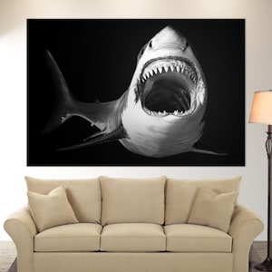 Hai Leinwanddruck, Haie Wandkunst, Hai Druck, Schwarz Weiß Hai Leinwand Kunst