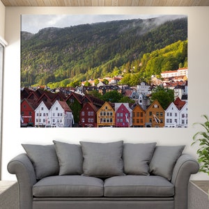 Norway Wall Art, Colorful Houses Under The Mountains In Norway Canvas Print