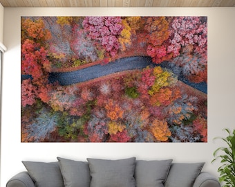 Arte mural en lienzo con camino en el bosque otoñal, arte en lienzo otoñal, paisaje otoñal, arte mural con bosque otoñal