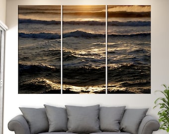 Pôr do sol no oceano, arte de parede no oceano, impressão em tela do oceano, arte em tela com ondas do oceano