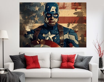 Vintage Captain America Canvas Print, Captain America Painting, Vintage Avengers Wall Art, Comics Wall Art, Captain America Poster