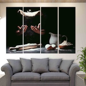 May include: A multi-panel canvas print depicting a chef tossing dough in the air, with flour flying around. The scene is set in a dark kitchen with a rolling pin, a bowl of flour, and eggs on the counter.