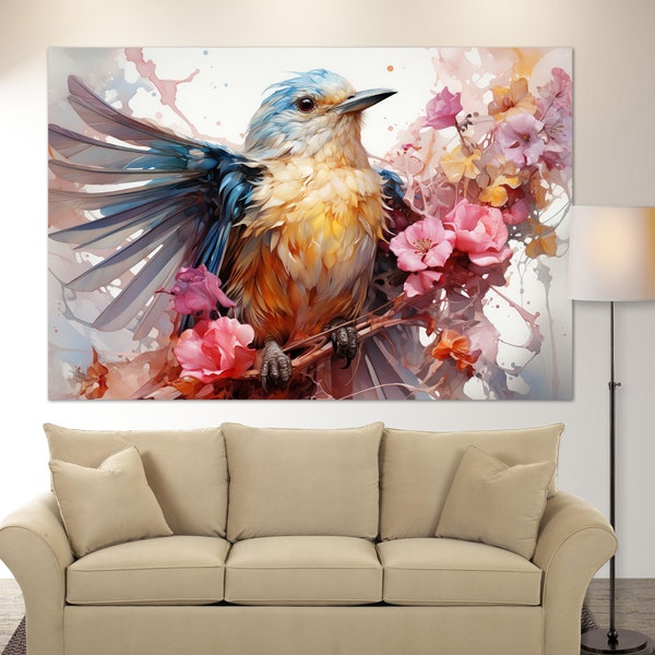 Abstract Bird Canvas Art, Floral Canvas Print, Bird Wall Art, Abstract Bird Print