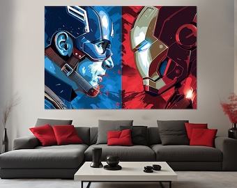 Impresión en lienzo de Iron Man y Capitán América, pintura de Iron Man, arte mural de Los Vengadores, arte mural de Iron Man, póster de Los Vengadores, decoración de habitación infantil