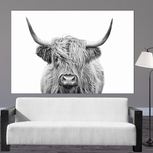 Scotland Cow Canvas Wall Art, Highland Cow Black & White Canvas Print, Modern Wall Art, Highland Cow Print