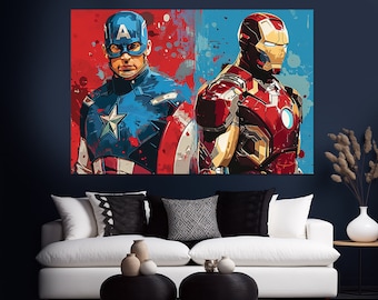 Impresión en lienzo de Capitán América e Iron Man, pintura de Capitán América, arte mural de Los Vengadores, arte mural de Iron Man, póster de Los Vengadores, decoración de sala de juegos