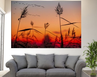 Arte mural en lienzo con atardecer otoñal, impresión en lienzo otoñal, arte mural otoñal