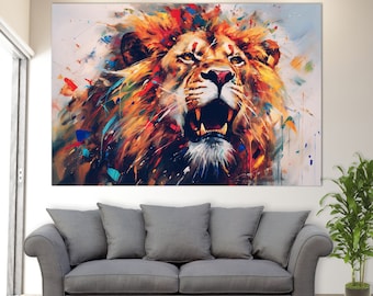 Decorazione murale con leone, stampa artistica con leone, decorazione per la casa con leone, arte astratta con leone, arte murale con leone colorato, dipinto a olio astratto con leone