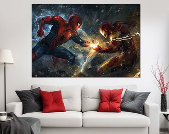 Impresión en lienzo de Spider-Man e Iron Man, pintura de Iron Man y Spider-Man, arte mural abstracto de los Vengadores