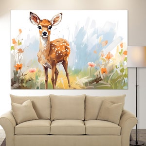 Lindo cervatillo lienzo impresión, decoración de la guardería, habitación de los niños del bebé, arte de la pared del cervatillo, regalo de los niños, arte de la historieta del arte de la guardería