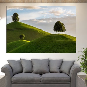 Drumlin Hills landschap canvasafdruk, natuur kunst aan de muur, groene heuvels muur decor