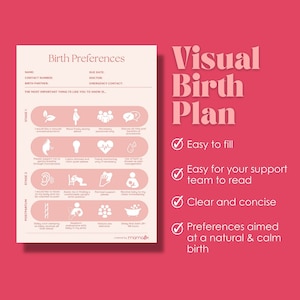 Puede incluir: Una lista de verificación de plan de parto imprimible rosa y blanca con el título "Visual Birth Plan". La lista de verificación incluye preferencias para el trabajo de parto, el parto y la atención posparto. La lista de verificación es fácil de completar y proporciona una guía visual para los equipos de apoyo.