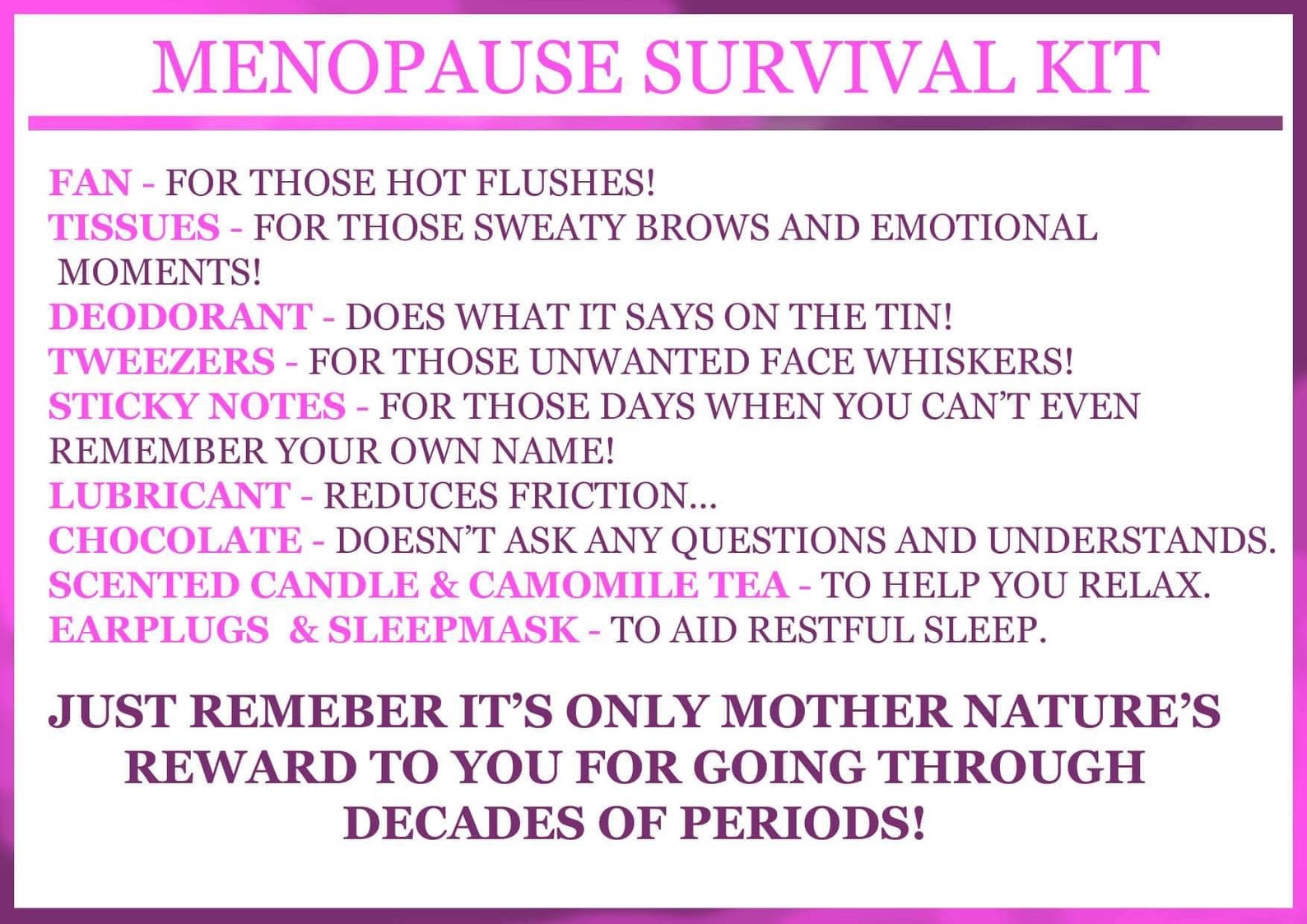 Menopause Survival Kit /letterbox Gifts /funny Gift/birthday Present