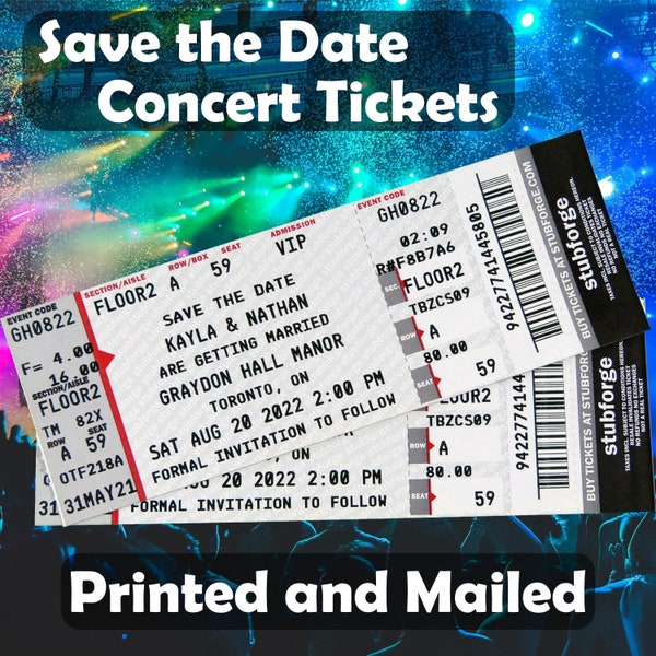 Custom Wedding Save the Date Concert Ticket Invitations w/ Envelopes - Printed Physical Personalized Ticketmaster Style Ticket Stub Invite