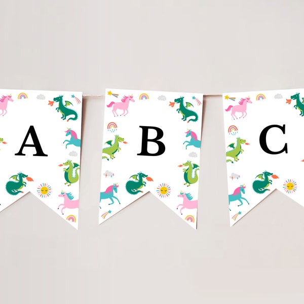 Unicorns and Dragons Birthday Bunting Unisex Party Bunting Dragon Birthday Bunting Unicorn and Dragon Banner Dragon Party Flags, D40