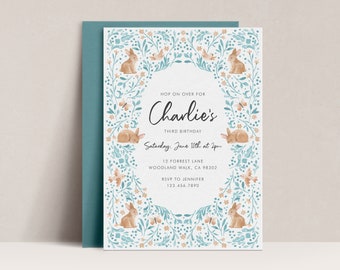 Bunny Birthday Invitation, Floral Rabbit, Spring Party (Editable Template)
