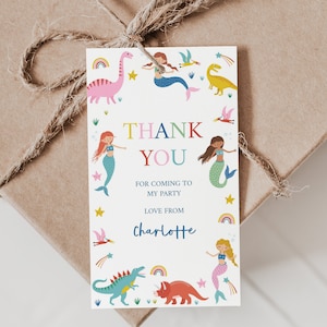 EDITABLE Mermaid and Dinosaur favor tags , Dinosaur and Mermaid thank you tags, Mermaid favor tags, Dinosaur Favor Tags, Kids Party Tags D63