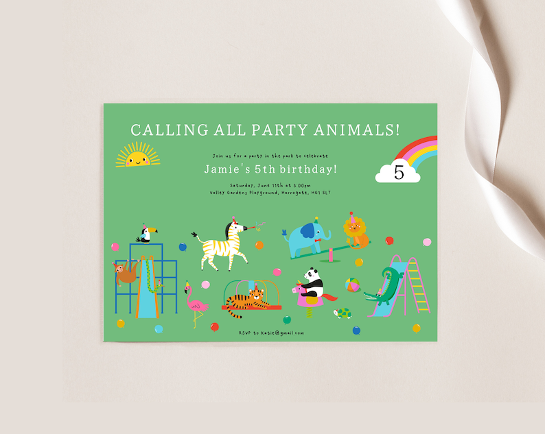 May include: A green invitation with a rainbow and a cloud with the number 5. The text reads "Calling all party animals!" and "Jamie's 5th birthday!" with a date and time. The invitation features a variety of animals playing on a jungle gym.