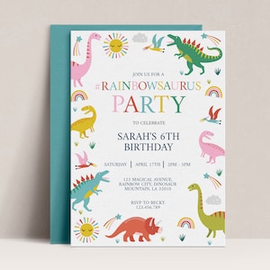 Rainbowsaurus Invite, Dinosaur Invitation, Pink Dinosaur Invite, Dinosaur Party, Rainbow Invitation, Girls Dinosaur Birthday Invitation, D47