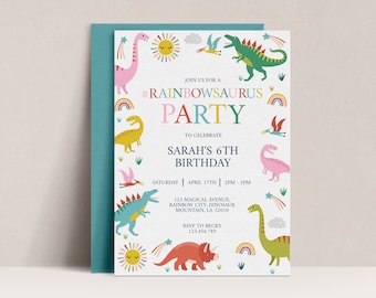 May include: A colorful invitation for a dinosaur-themed birthday party. The invitation features a rainbow, stars, and various dinosaurs in pink, green, yellow, and blue. The text reads "#RAINBOWSAURUS PARTY" and "SARAH'S 6TH BIRTHDAY".