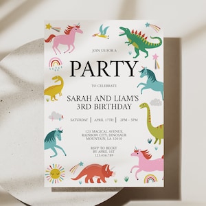 Unicorn and Dinosaur Party Invitation, Dinosaur and Unicorn Birthday Invitation, Joint Unisex Unicorn and Dinosaur Invitation, D28