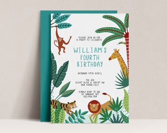 May include: A jungle-themed birthday invitation for William's fourth birthday party. The invitation features a monkey, giraffe, tiger, and lion surrounded by green leaves and palm trees. The text reads "Please join us for a party to celebrate William's Fourth Birthday, Saturday 17th April, The Zoo, Sloat Blvd & Great HW, San Francisco. Kindly RSVP to Sue by January 1st, 123.456.789."