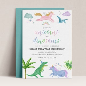 Unicorn and Dinosaur Birthday Invitation, Joint Unisex Birthday Invitation, Sibling Birthday, Unicorn and Dinosaur Party Invite, D20