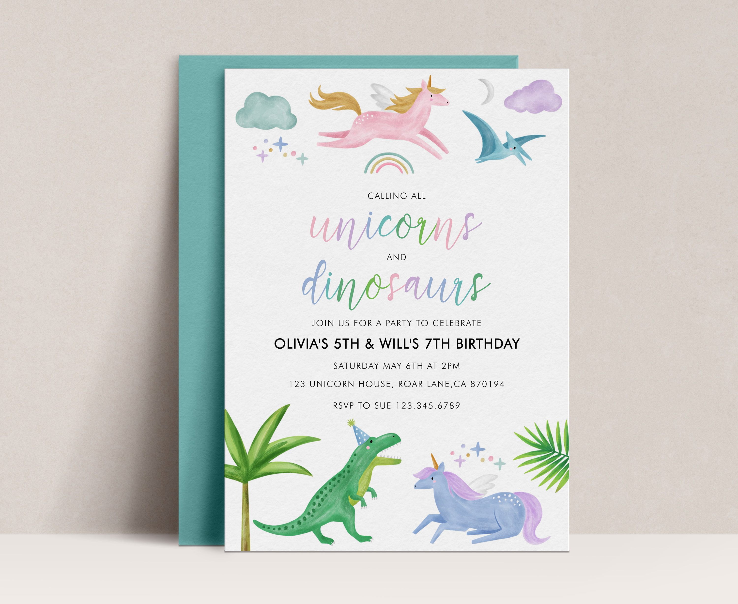 Unicorn and Dinosaur Birthday Invitation, Joint Unisex Birthday Invitation, Sibling Birthday, Unicorn and Dinosaur Party Invite, D20
