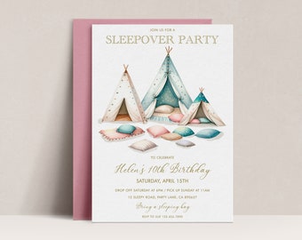 Editable Slumber Party Birthday Invitation, Sleepover Tent (Digital Download)