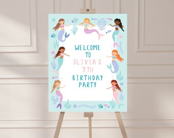 Editable Mermaid Birthday Welcome Sign, Under The Sea Party (Instant Download)