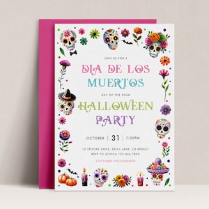 Invitación del Día de Muertos, Invitación de cumpleaños de Halloween, Invitación de fiesta del Día de los Muertos, Invitación de calavera de azúcar mexicana, A29