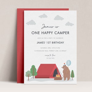 Happy Camper Birthday Invitation, One Happy Camper Birthday Invitation, Camping Birthday Party, 1st Birthday Invite, Invitation Template D05