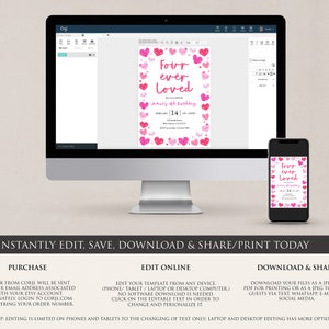 May include: Editable digital invitation template with a pink and white color scheme. The text reads "Four ever Loved" with hearts and a pink banner. The invitation is for a 14th birthday.