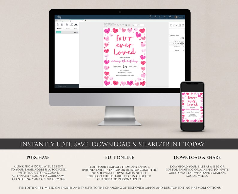 May include: Editable digital invitation template with a pink and white color scheme. The text reads "Four ever Loved" with hearts and a pink banner. The invitation is for a 14th birthday.
